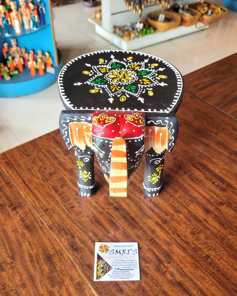 Wooden Elephant Stool Black with Red Design 4 (6H x 9L x 6.5W Inches) Indian Handicrafts Home Decor Pooja Decor Foyer Decor