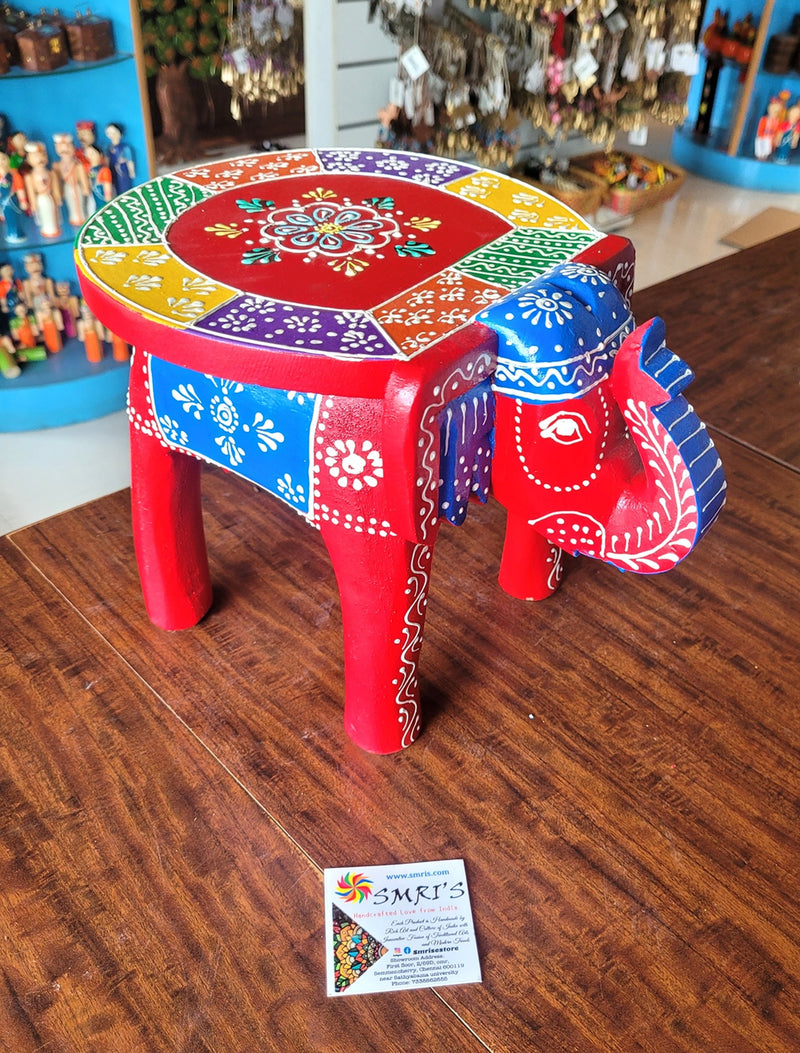 Wooden Elephant Stool Multicolour Design 4 (8H x 10.5L x 8W Inches) Indian Handicrafts Home Decor Pooja Decor Foyer Decor
