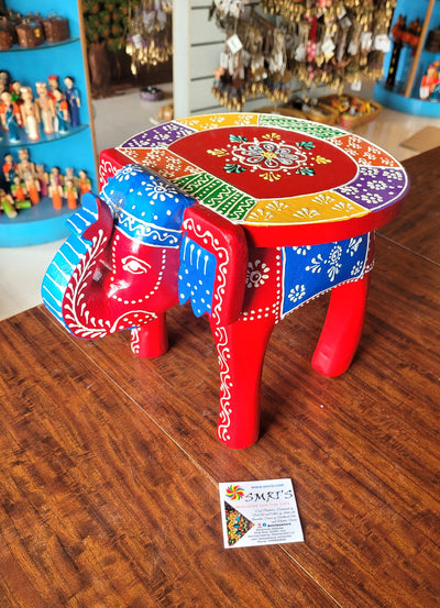Wooden Elephant Stool Multicolour Design 4 (8H x 10.5L x 8W Inches) Indian Handicrafts Home Decor Pooja Decor Foyer Decor