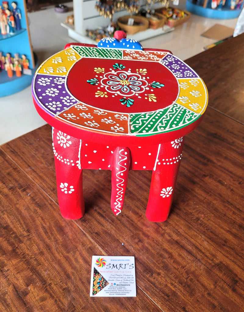 Wooden Elephant Stool Multicolour Design 4 (8H x 10.5L x 8W Inches) Indian Handicrafts Home Decor Pooja Decor Foyer Decor