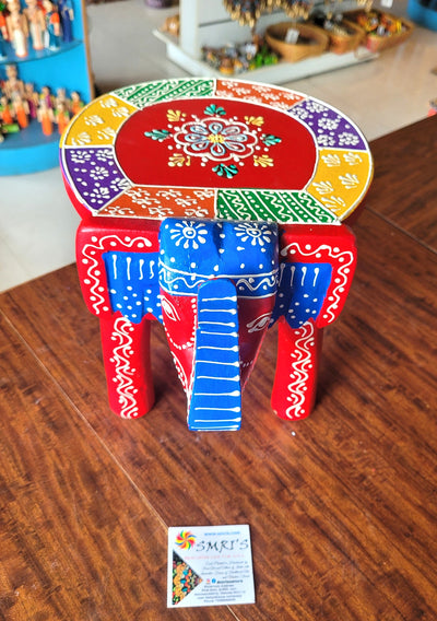 Wooden Elephant Stool Multicolour Design 4 (8H x 10.5L x 8W Inches) Indian Handicrafts Home Decor Pooja Decor Foyer Decor