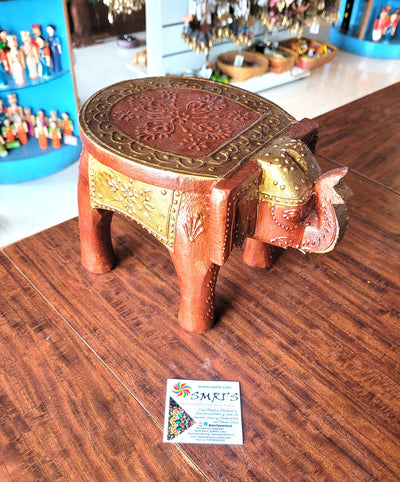Wooden Elephant Stool Brown with Gold Deisgn 5 (6H x 9L x 6.5W Inches) Indian Handicrafts Home Decor Pooja Decor Foyer Decor