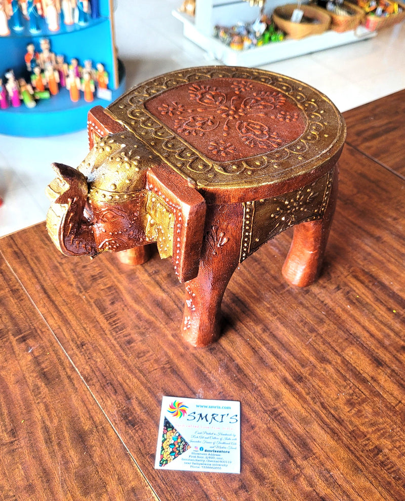 Wooden Elephant Stool Brown with Gold Deisgn 5 (6H x 9L x 6.5W Inches) Indian Handicrafts Home Decor Pooja Decor Foyer Decor