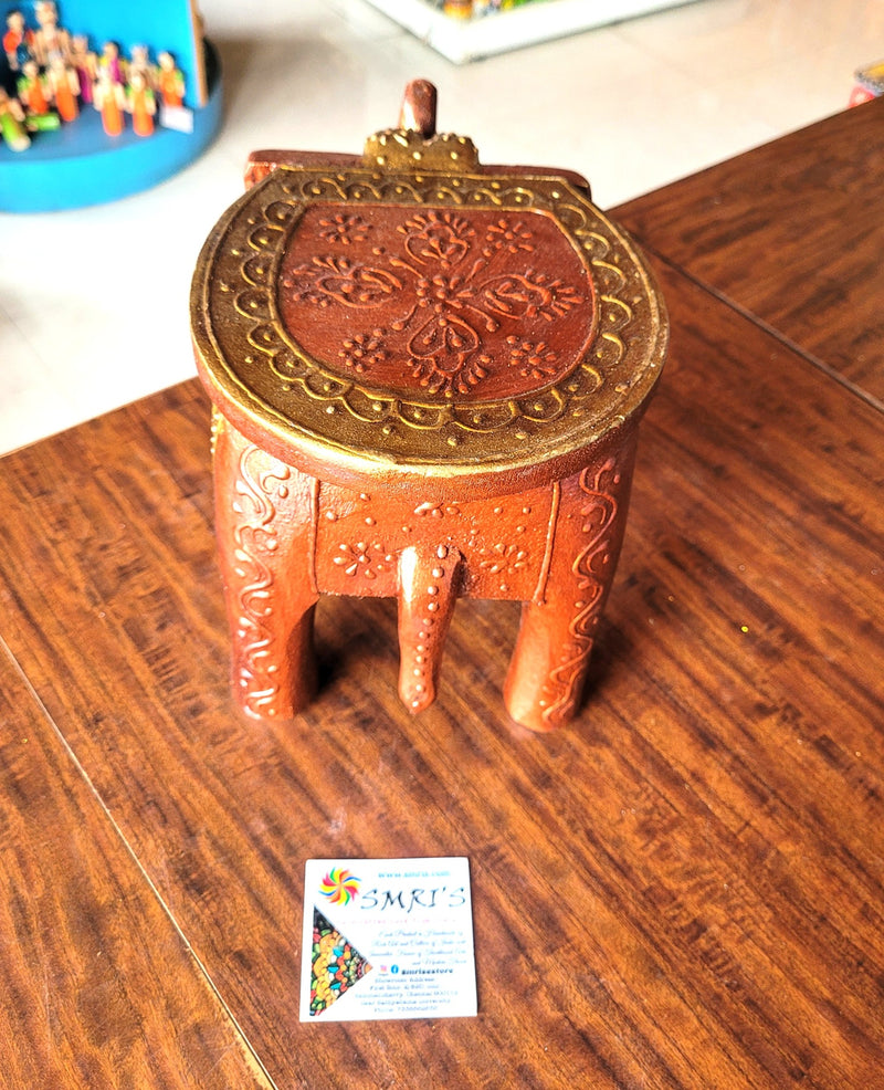 Wooden Elephant Stool Brown with Gold Deisgn 5 (6H x 9L x 6.5W Inches) Indian Handicrafts Home Decor Pooja Decor Foyer Decor