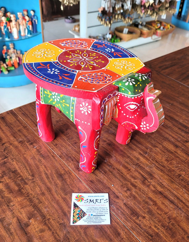 Wooden Elephant Stool Red with Multicolour Design 1 (6H x 9L x 6.5W Inches) Indian Handicrafts Home Decor Pooja Decor Foyer Decor