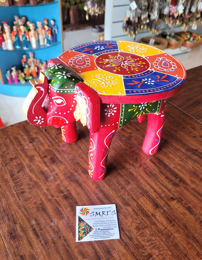 Wooden Elephant Stool Red with Multicolour Design 1 (6H x 9L x 6.5W Inches) Indian Handicrafts Home Decor Pooja Decor Foyer Decor