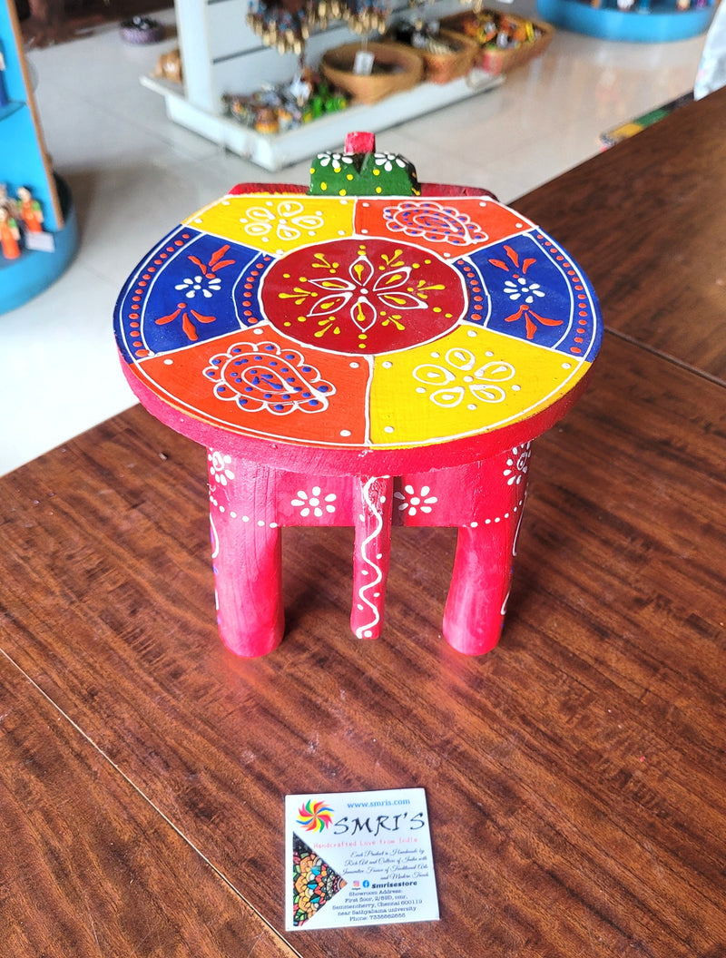 Wooden Elephant Stool Red with Multicolour Design 1 (6H x 9L x 6.5W Inches) Indian Handicrafts Home Decor Pooja Decor Foyer Decor