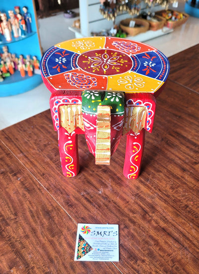 Wooden Elephant Stool Red with Multicolour Design 1 (6H x 9L x 6.5W Inches) Indian Handicrafts Home Decor Pooja Decor Foyer Decor