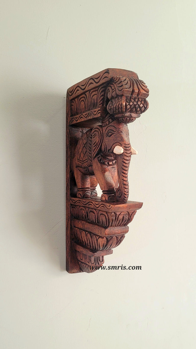 Elephant With White Tusk Bodhil Wall Bracket / Corbel 12" Natural Colour Mahogany Wood Carving Traditional Chettinad Handicrafts (12H* 7L* 2W Inches)