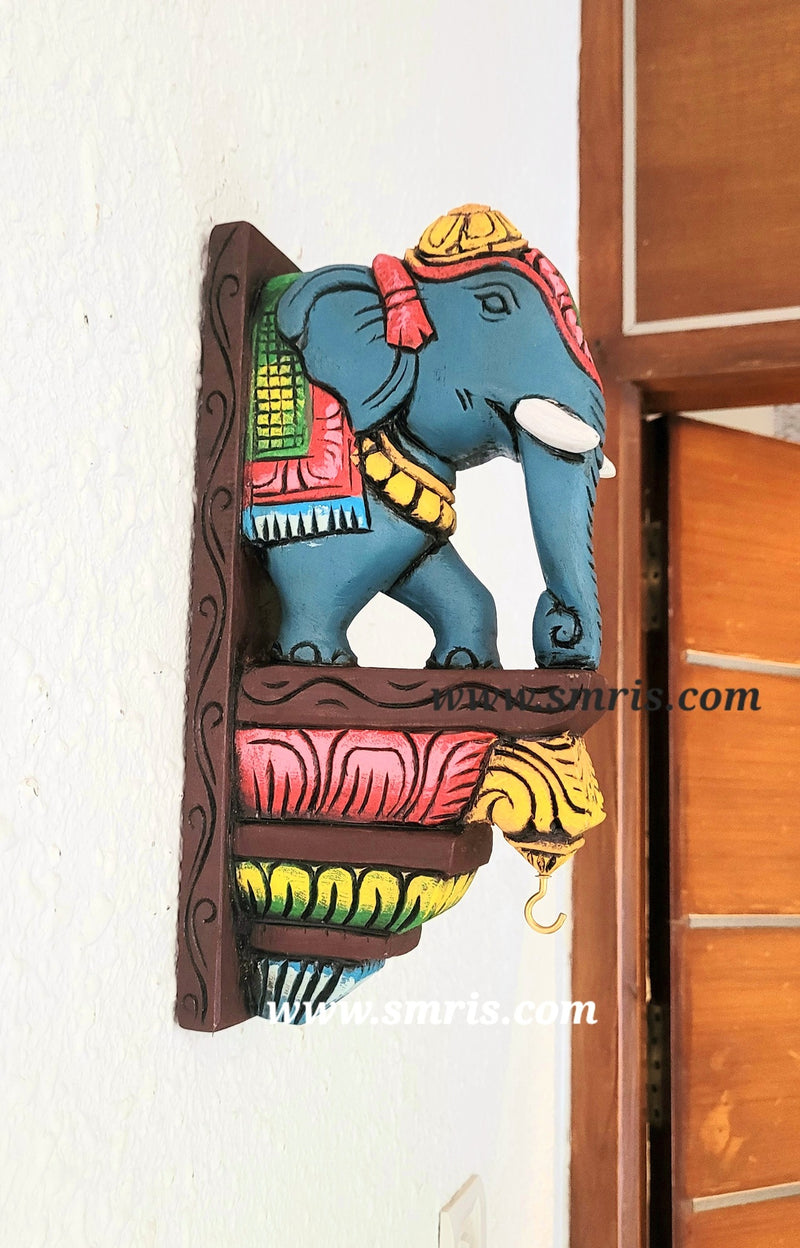 Elephant Wood Carving Wall bracket / Corbel traditional Chettinad Handicrafts Blue