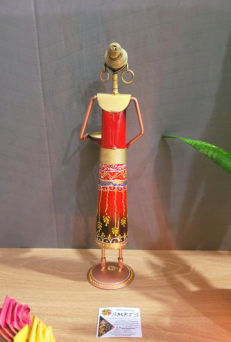 Ethnic Farmer Lady T-light Holder in one Hand Red show piece iron table decor(13.5 H, 3.5 L, 3.5 W) Inches iron