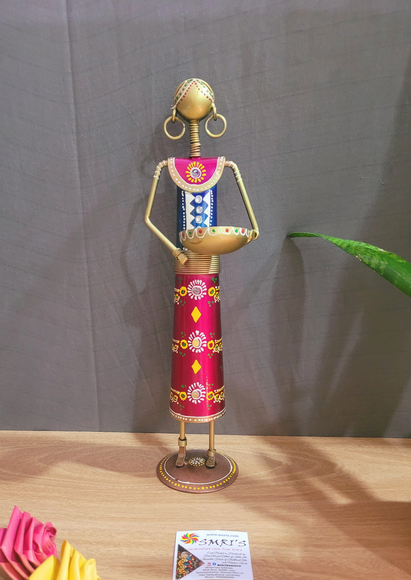 Ethnic Farmer Lady T-light Holder in one Hand show piece iron table decor(Pink & Blue) (13.5 H, 3.5 L, 3.5 W) Inches iron