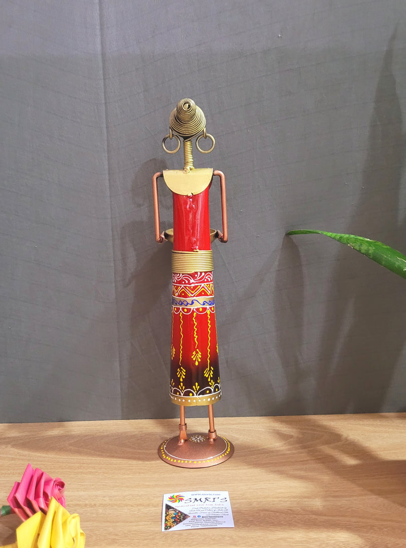 Ethnic Farmer Lady T-light Holder in Hands Red show piece iron table decor (13.5 H, 3.5 L, 3.5 W) Inches iron