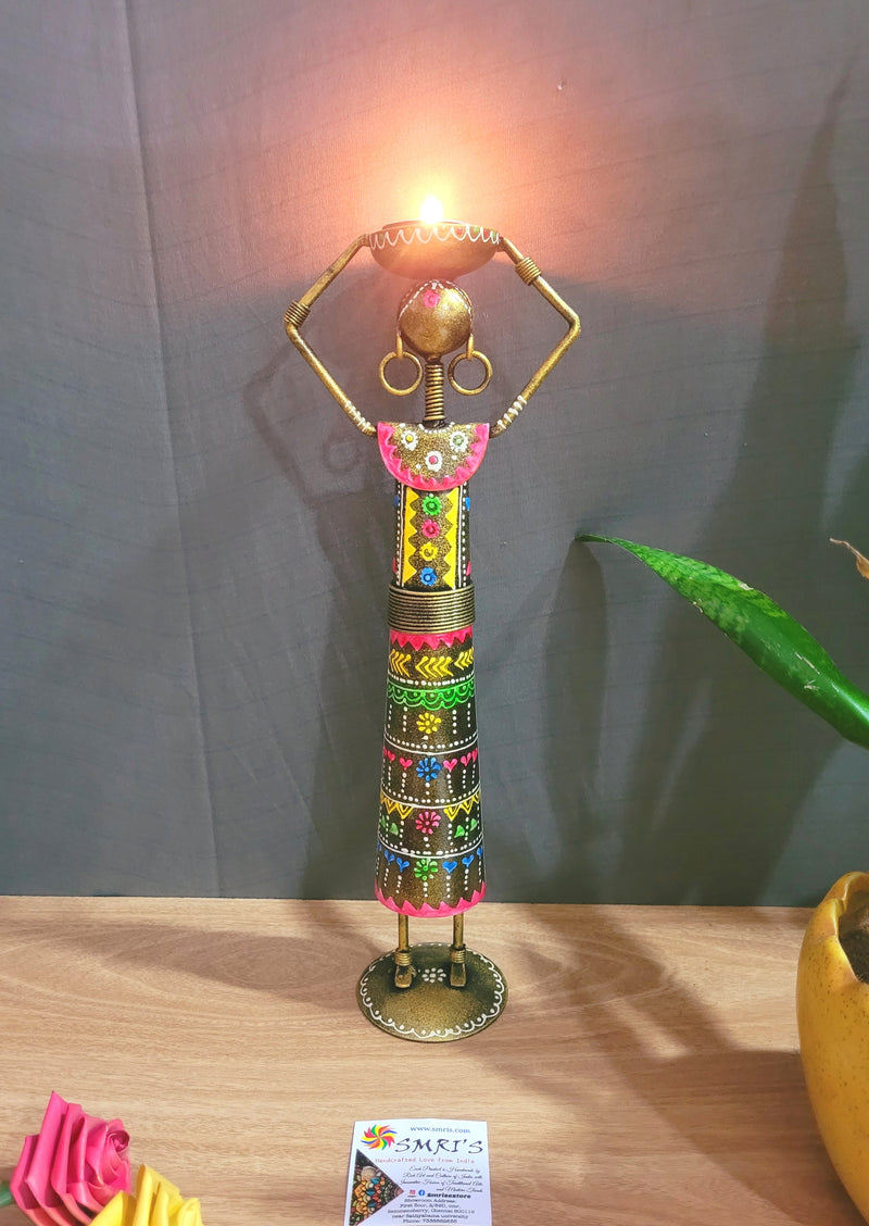 Ethnic Farmer Lady T-light Holder on Head Gold show piece iron table decor(13.5 H, 3.5 L, 3.5 W) Inches iron