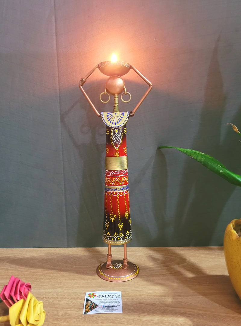 Ethnic Farmer Lady T-light Holder on Head Red show piece iron table decor(13.5 H, 3.5 L, 3.5 W) Inches iron