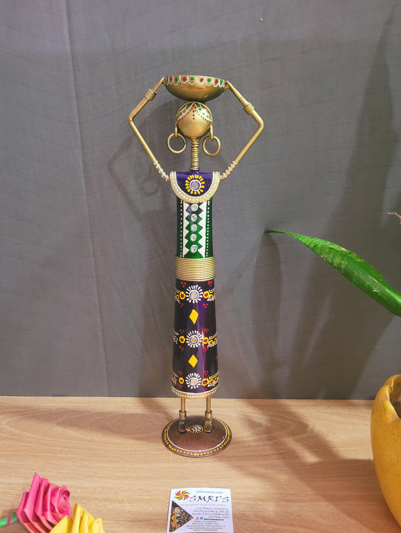 Ethnic Farmer Lady T-light Holder on Head (Violet&Green) show piece iron table decor(13.5 H, 3.5 L, 3.5 W) Inches iron