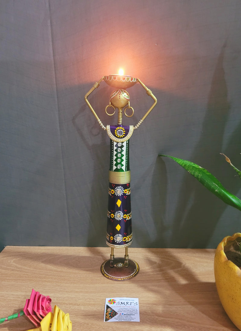 Ethnic Farmer Lady T-light Holder on Head (Violet&Green) show piece iron table decor(13.5 H, 3.5 L, 3.5 W) Inches iron