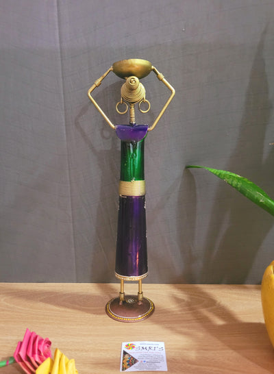 Ethnic Farmer Lady T-light Holder on Head (Violet&Green) show piece iron table decor(13.5 H, 3.5 L, 3.5 W) Inches iron