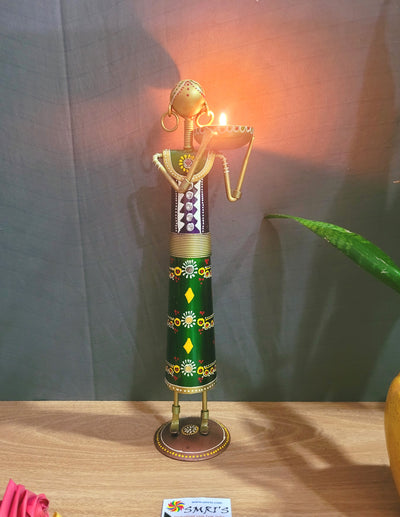 Ethnic Farmer Lady T-light Holder on shoulder show piece iron table decor (Green&violet) (13.5 H, 3.5 L, 3.5 W) Inches iron