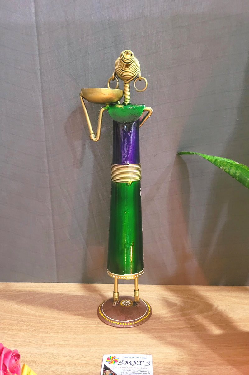 Ethnic Farmer Lady T-light Holder on shoulder show piece iron table decor (Green&violet) (13.5 H, 3.5 L, 3.5 W) Inches iron