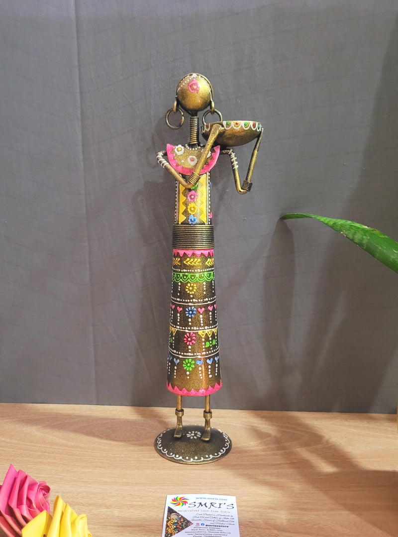 Ethnic Farmer Lady T-light Holder on shoulder Gold show piece iron table decor (13.5 H, 3.5 L, 3.5 W) Inches iron