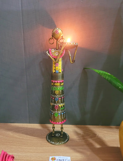 Ethnic Farmer Lady T-light Holder on shoulder Gold show piece iron table decor (13.5 H, 3.5 L, 3.5 W) Inches iron