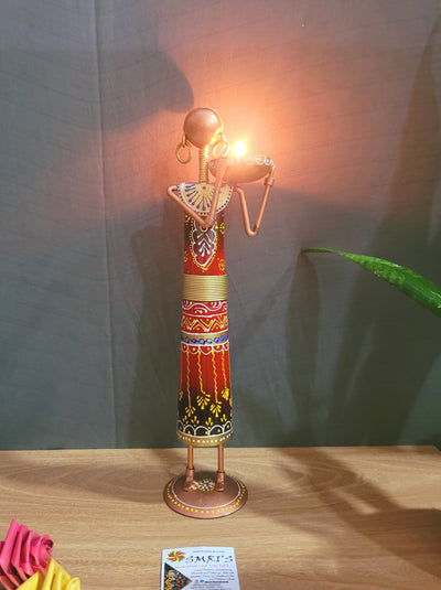 Ethnic Farmer Lady T-light Holder on shoulder Red show piece iron table decor(13.5 H, 3.5 L, 3.5 W) Inches iron