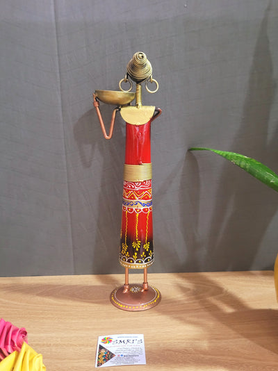 Ethnic Farmer Lady T-light Holder on shoulder Red show piece iron table decor(13.5 H, 3.5 L, 3.5 W) Inches iron