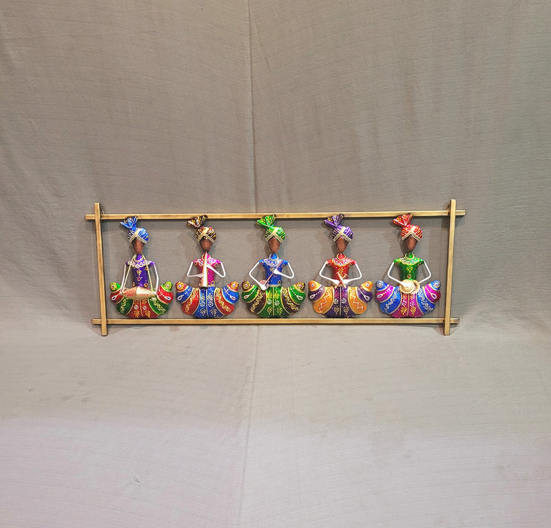 Wall decor Five Rajasthani Musicians men sitting Colourful frame 10*29 inch Iron