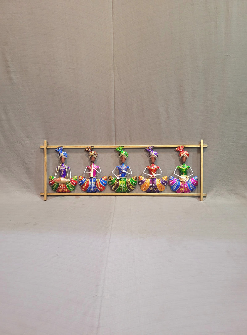 Wall decor Five Rajasthani Musicians men sitting Colourful frame 10*29 inch Iron