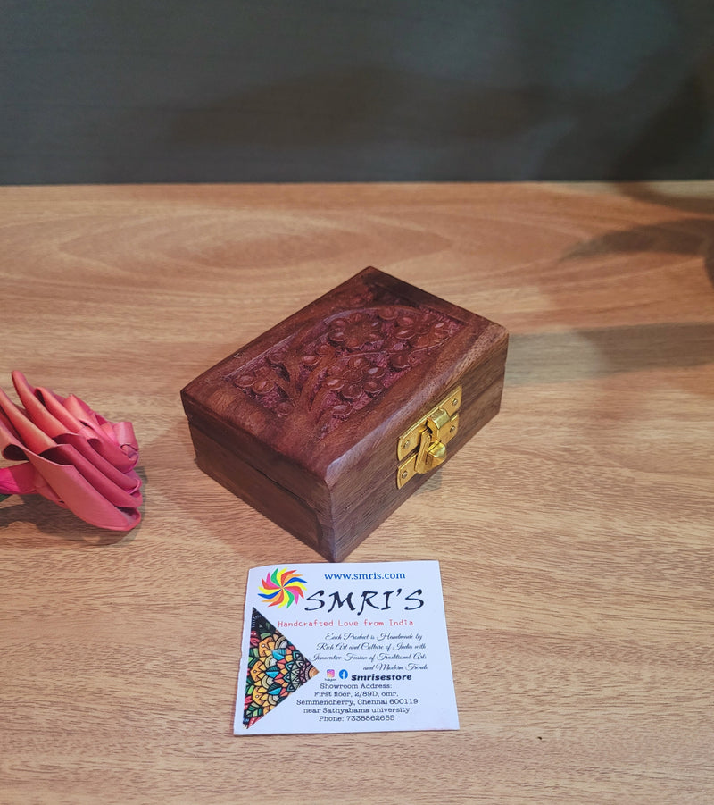 Rose wood carving floral design Wooden brown Box Small Rosewood Return gifts for festival ring box (1.5 H * 3.5 L * 2.5 W) Inches