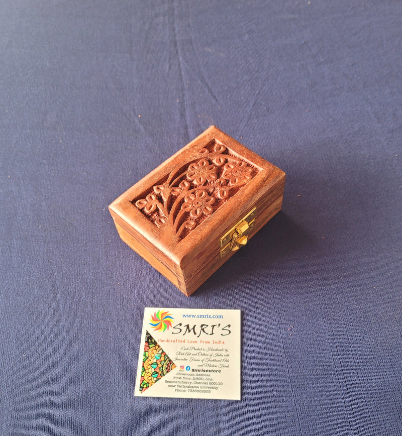 Rose wood carving floral design Wooden brown Box Small Rosewood Return gifts for festival ring box (1.5 H * 3.5 L * 2.5 W) Inches