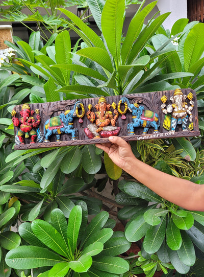 Gaja Ganesha Triple Ganesha With Double Elephant Mahogany Wooden Carving Wall Panel Frame Wall Hanging ( 6H* 24L* 2W Inches )