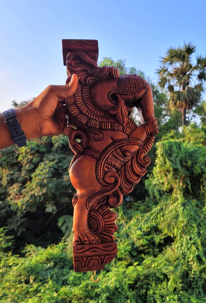 Gaja Yazhi / Yali BIG Wood Carving Wall Bracket / Corbel Mahogany Wood Traditional Chettinad Handicrafts Natrual (18 H x 7.5 L x 3 W Inches)