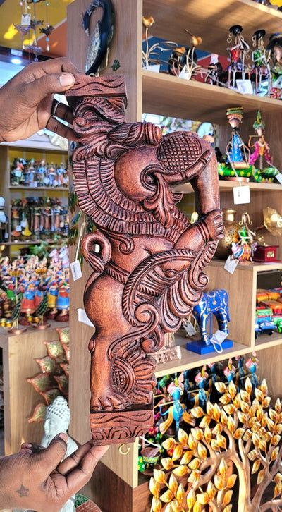 Gaja Yazhi / Yali BIG Wood Carving Wall Bracket / Corbel Mahogany Wood Traditional Chettinad Handicrafts Natrual (18 H x 7.5 L x 3 W Inches)