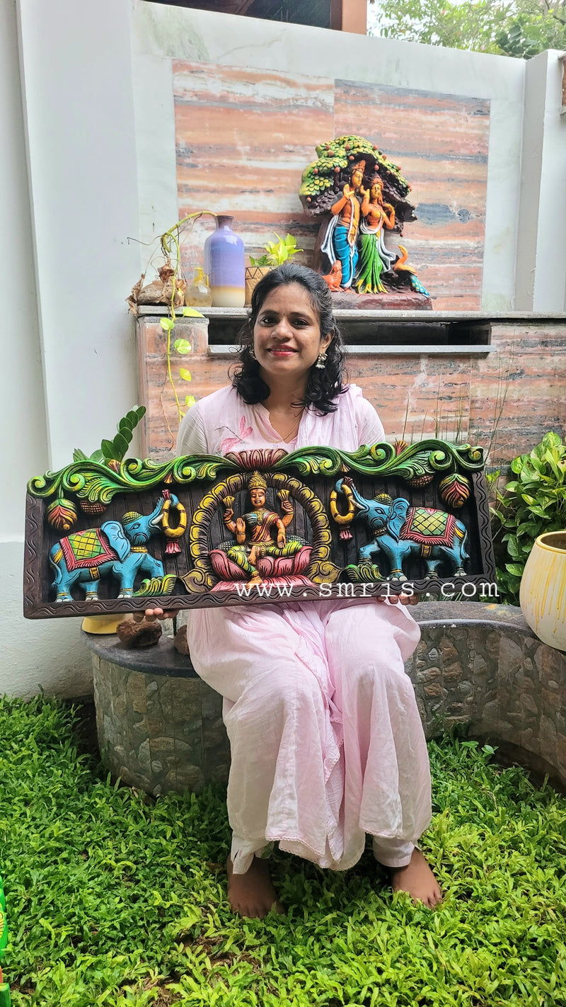 Gajalakshmi Mahogany Wood Carving Wall Panel Hanging 3 feet x 1 feet Design 2 Chettinad South Indian Traditional Home Decor Puja Room Decor Entrance Decor (12H x 36Lx 2W Inches)