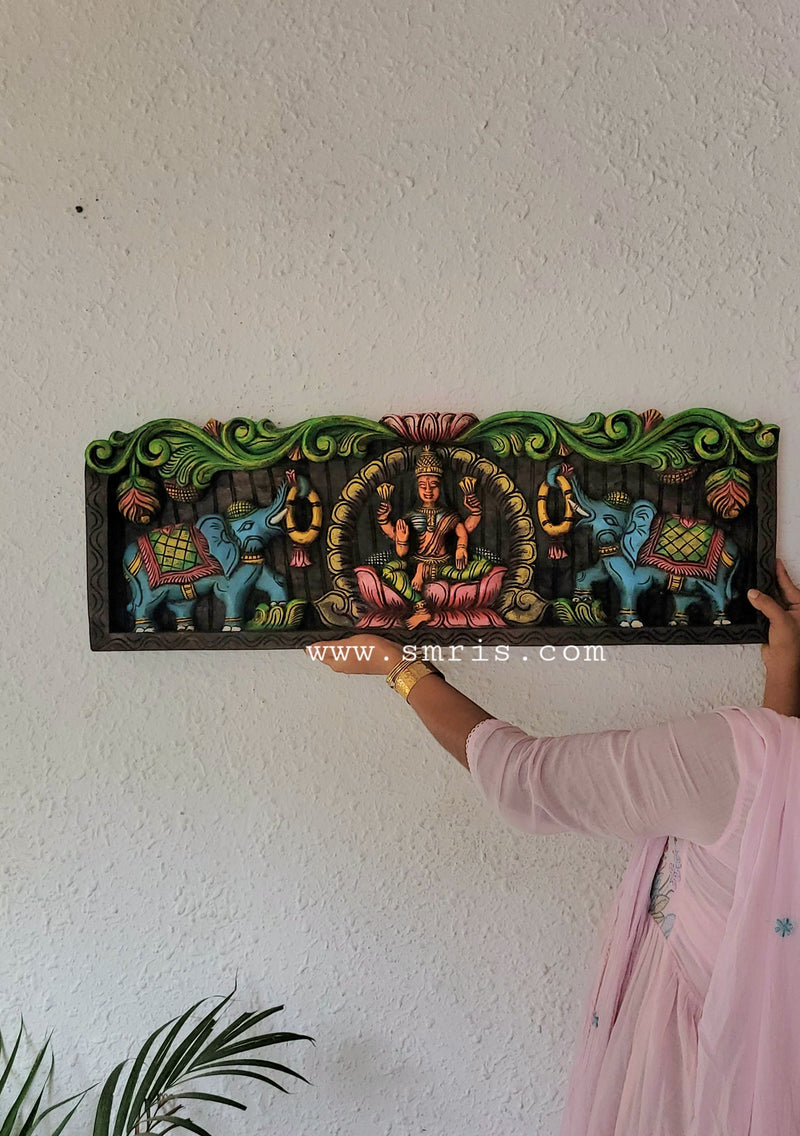 Gajalakshmi Mahogany Wood Carving Wall Panel Hanging 3 feet x 1 feet Design 2 Chettinad South Indian Traditional Home Decor Puja Room Decor Entrance Decor (12H x 36Lx 2W Inches)