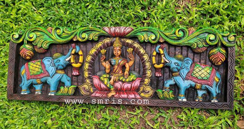 Gajalakshmi Mahogany Wood Carving Wall Panel Hanging 3 feet x 1 feet Design 2 Chettinad South Indian Traditional Home Decor Puja Room Decor Entrance Decor (12H x 36Lx 2W Inches)