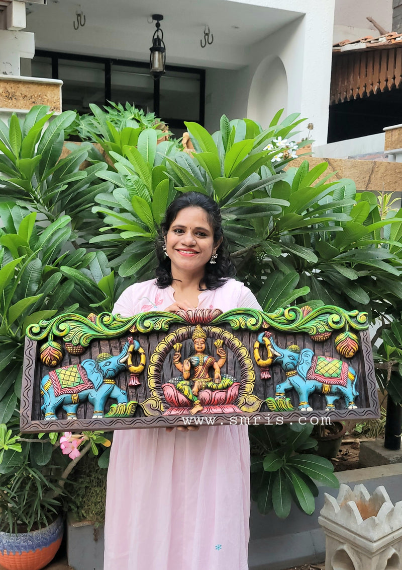 Gajalakshmi Mahogany Wood Carving Wall Panel Hanging 3 feet x 1 feet Design 2 Chettinad South Indian Traditional Home Decor Puja Room Decor Entrance Decor (12H x 36Lx 2W Inches)