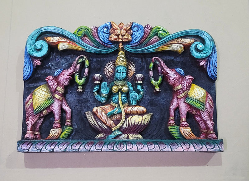 Goddess Gajalakshmi Wooden Wall Panel Frame 18 Inch Wall Hanging Mahogany Wood Carving Traditional Chettinad Indian Handicrafts (12 H x 17.5 L x 2 W inches)