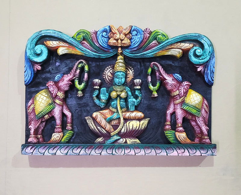 Goddess Gajalakshmi Wooden Wall Panel Frame 18 Inch Wall Hanging Mahogany Wood Carving Traditional Chettinad Indian Handicrafts (12 H x 17.5 L x 2 W inches)