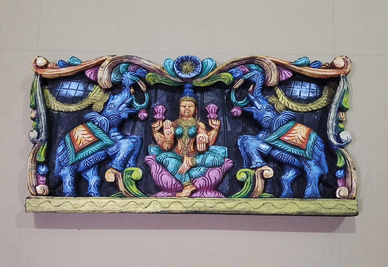 Goddess Gajalakshmi Wooden Wall Panel Frame 24 Inch Wall Hanging Design 1 Blue Elephants Mahogany Wood Carving Traditional Chettinad Indian Handicrafts (12 H x 23.5 L x 2 W inches)