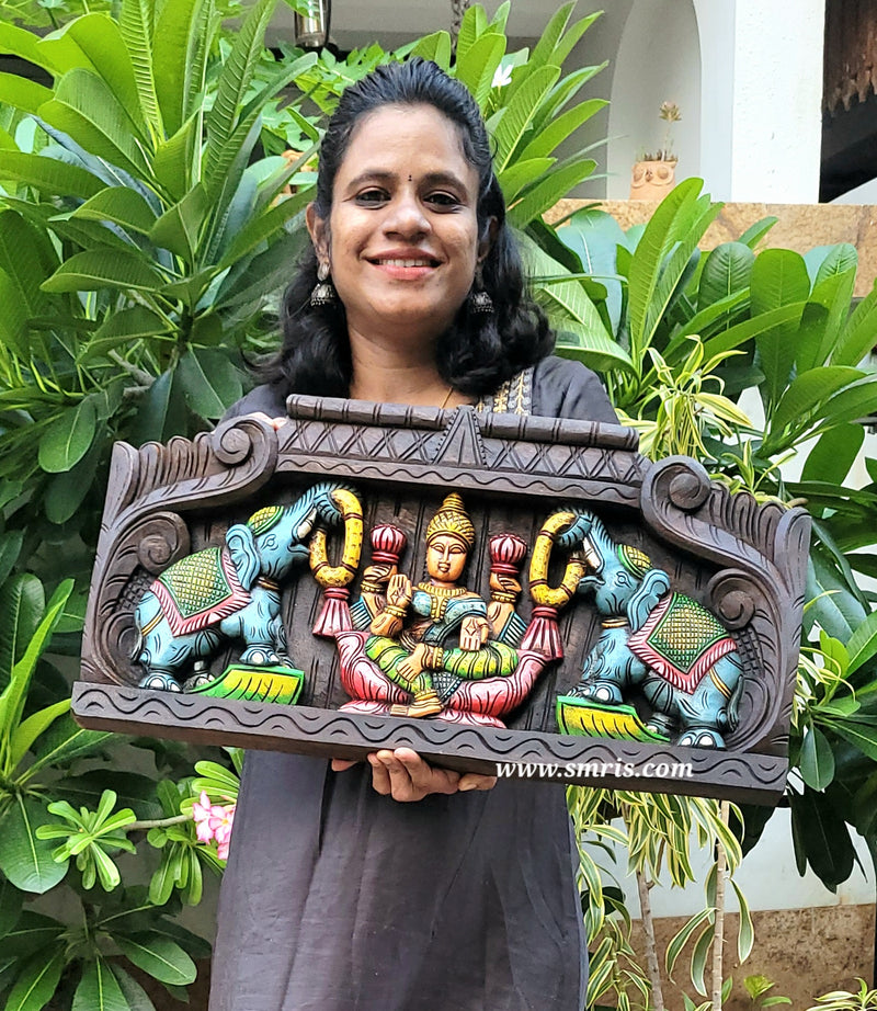 Goddess Gajalakshmi Blue Elephants Wooden Wall Panel / Frame 24 Inch Design 2 Wall Hanging Mahogany Wood Carving Traditional Chettinad Indian Handicrafts (12 H x 24 L x 2 W inches)