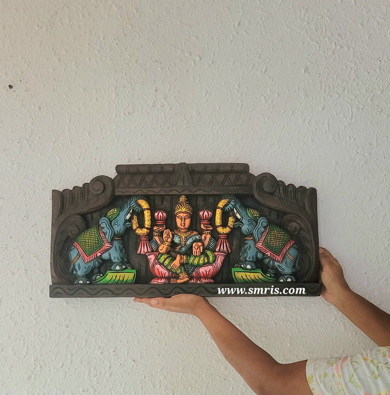 Goddess Gajalakshmi Blue Elephants Wooden Wall Panel / Frame 24 Inch Design 2 Wall Hanging Mahogany Wood Carving Traditional Chettinad Indian Handicrafts (12 H x 24 L x 2 W inches)