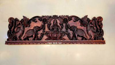 Gajalakshmi Rosewood Colour Mahogany Wood Carving Wall Panel Hanging 3 feet x 1 feet Design 3 Chettinad South Indian Traditional Home Decor Puja Room Decor Entrance Decor (12H x 38Lx 2W Inches)