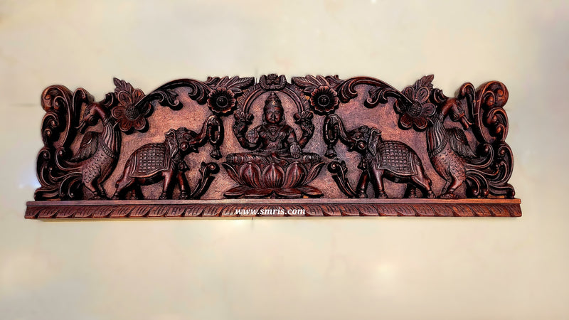 Gajalakshmi Rosewood Colour Mahogany Wood Carving Wall Panel Hanging 3 feet x 1 feet Design 3 Chettinad South Indian Traditional Home Decor Puja Room Decor Entrance Decor (12H x 38Lx 2W Inches)