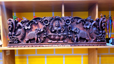 Gajalakshmi Rosewood Colour Mahogany Wood Carving Wall Panel Hanging 3 feet x 1 feet Design 3 Chettinad South Indian Traditional Home Decor Puja Room Decor Entrance Decor (12H x 38Lx 2W Inches)