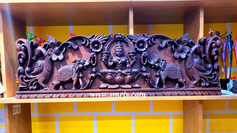 Gajalakshmi Rosewood Colour Mahogany Wood Carving Wall Panel Hanging 3 feet x 1 feet Design 3 Chettinad South Indian Traditional Home Decor Puja Room Decor Entrance Decor (12H x 38Lx 2W Inches)