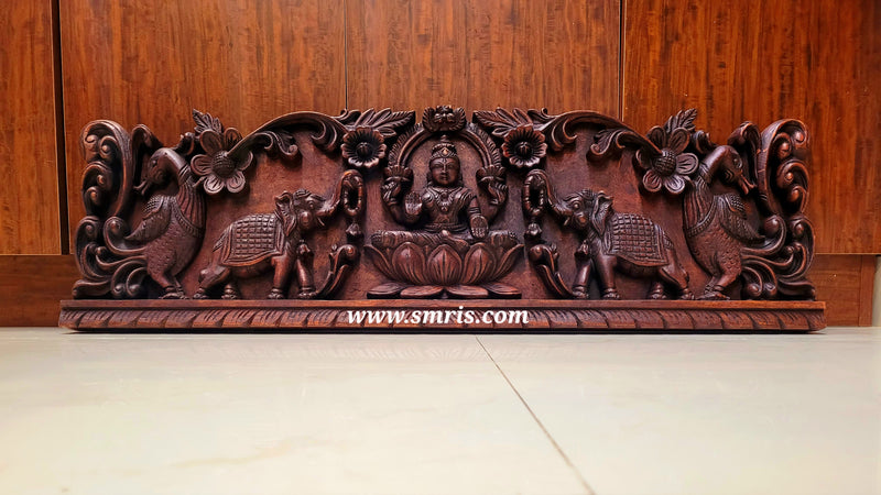 Gajalakshmi Rosewood Colour Mahogany Wood Carving Wall Panel Hanging 3 feet x 1 feet Design 3 Chettinad South Indian Traditional Home Decor Puja Room Decor Entrance Decor (12H x 38Lx 2W Inches)