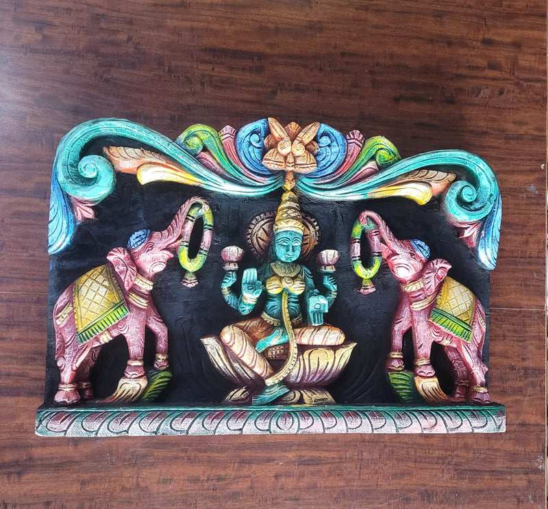Goddess Gajalakshmi Wooden Wall Panel Frame 18 Inch Wall Hanging Mahogany Wood Carving Traditional Chettinad Indian Handicrafts (12 H x 17.5 L x 2 W inches)